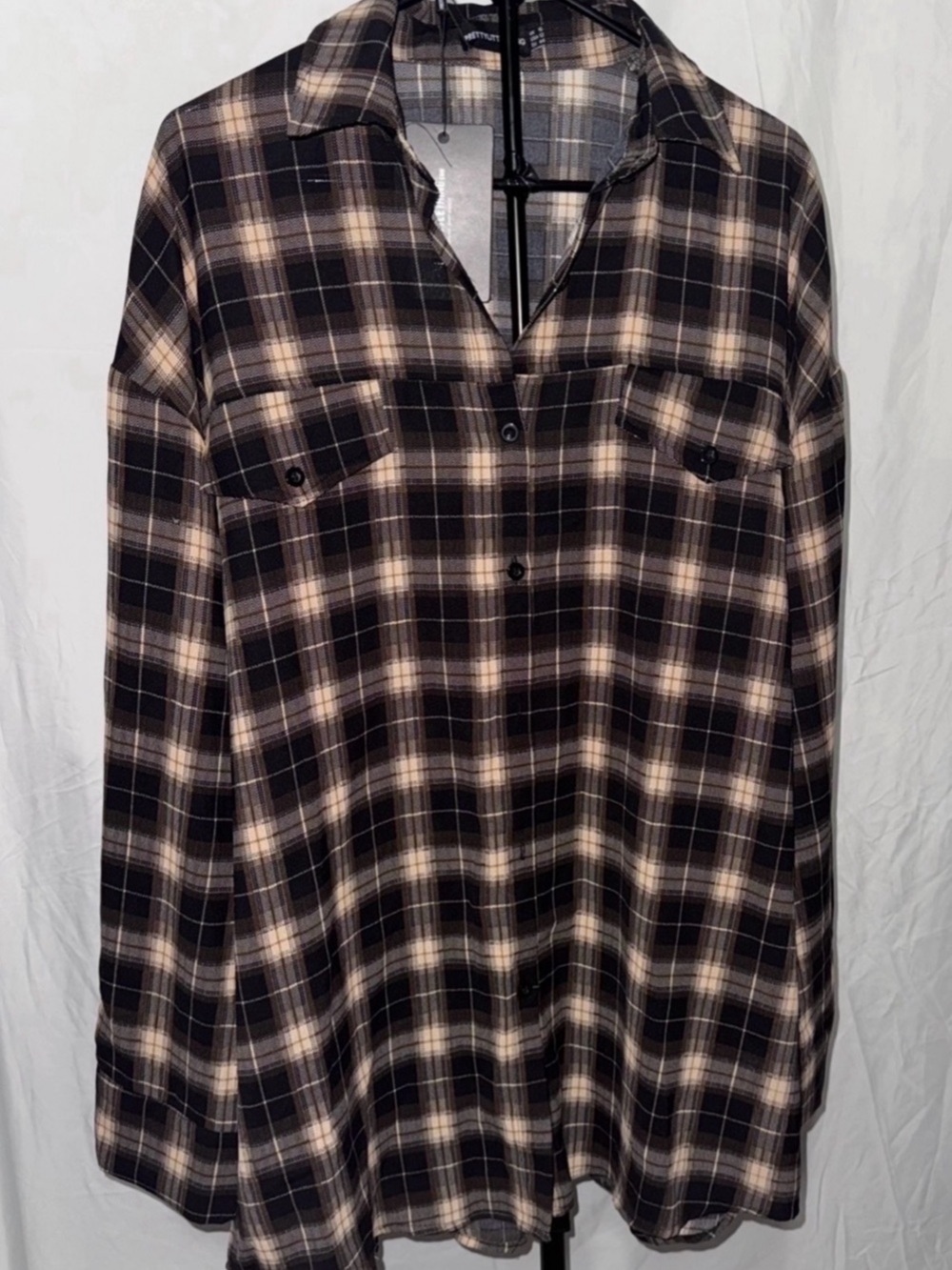 PrettyLittleThing Chocolate Checked Oversized Shirt. Size 12
